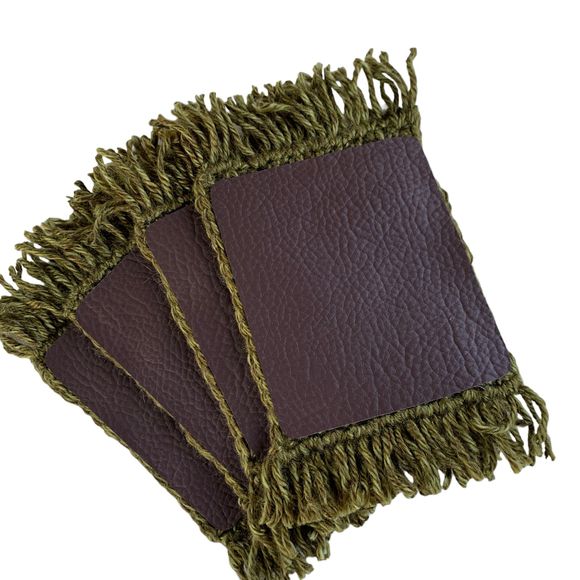 Mug Rugs Coasters Handmade Crochet Variegated Green Fringe Vinyl Back Set of 4 - Picture 7 of 11